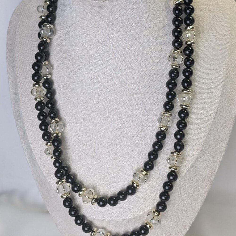 3 for $30 Vintage Black, gold and clear double strand long necklace